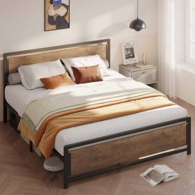 Queen Modern Metal Wood Industrial Platform Bed Frame with Headboard Footboard