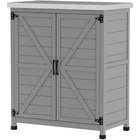 Outsunny Wooden Storage Cabinet, Outdoor Prep Table with Metal Tabletop, Shelf and Double Doors for Patio, Garden, Gray