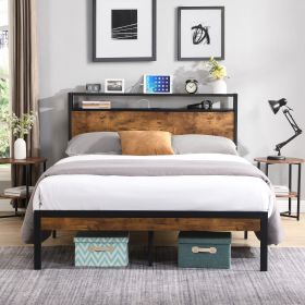 Queen Size Metal Platform Bed Frame with Wooden Headboard and Footboard with USB LINER, No Box Spring Needed, Large Under Bed Storage, Easy Assem