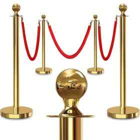 4PCS Gold Stanchion Posts with Velvet Ropes Set, Black Hollow Base, 3PCS 5Ft Red Rope, Ball Top, Vintage Styles for Party/Wedding/Theater/Museum