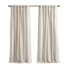 Cotton Printed Curtain Panel With Chenille Stripe And Lining Ivory 50x84 (Option: MultiColor)