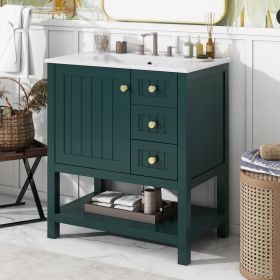 30inch Transitional Style Bathroom Vanity Cabinet Combo with Ceramic Sink (Color: Green, Material: Solid Wood+MDF)