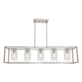 Lighting 5-Light Dining Room Light Modern Pendant Lighting for Kitchen Island with Clear Glass Shade Linear Cage Chandelier Hanging Ceiling Light (Color: Brushed Nickel)
